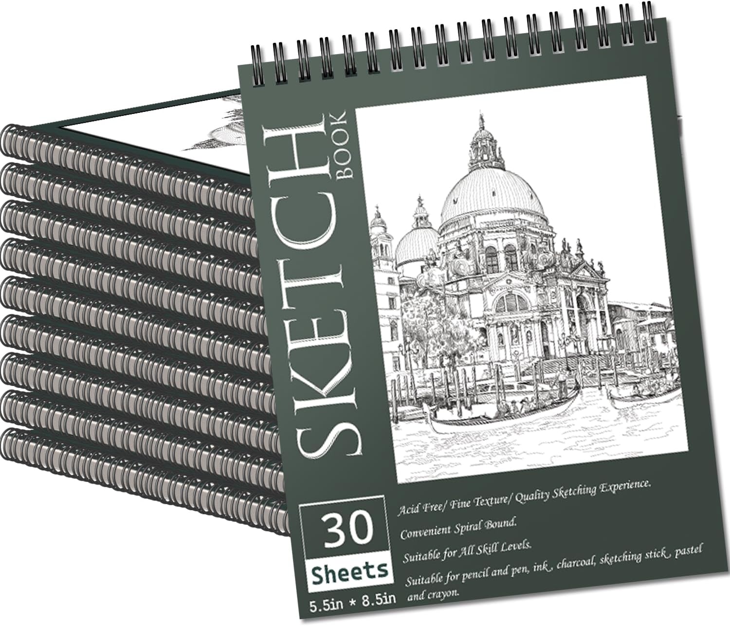 Mini Spiral Sketch Book 5.5 x 8.5 Inch — Pack of 10, 300 Sheets Spiral Sketch Book
