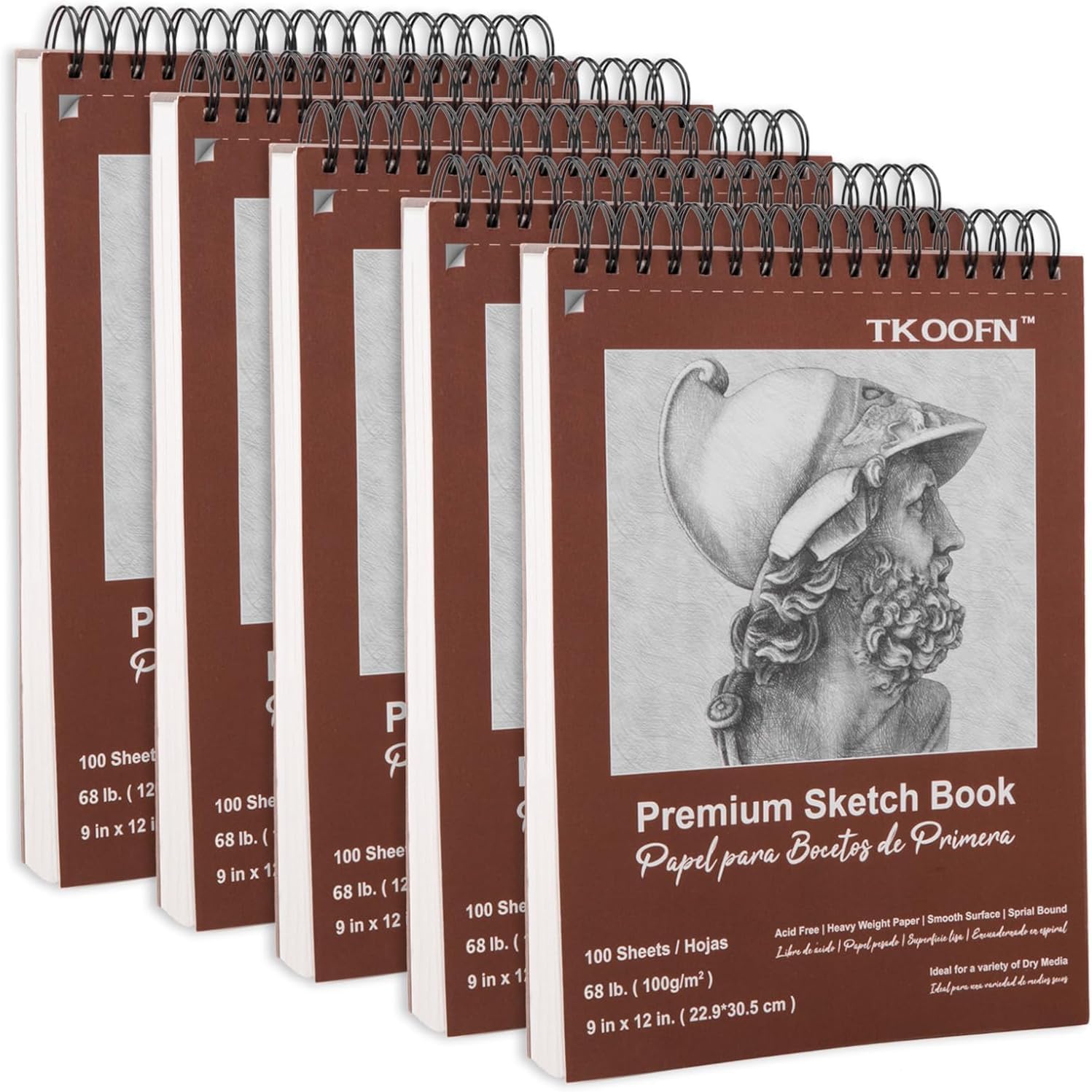 Spiral Sketch Book 9 x 12 Inch — Pack of 5, 500 Sheets, Acid-Free Acid Free Spiral